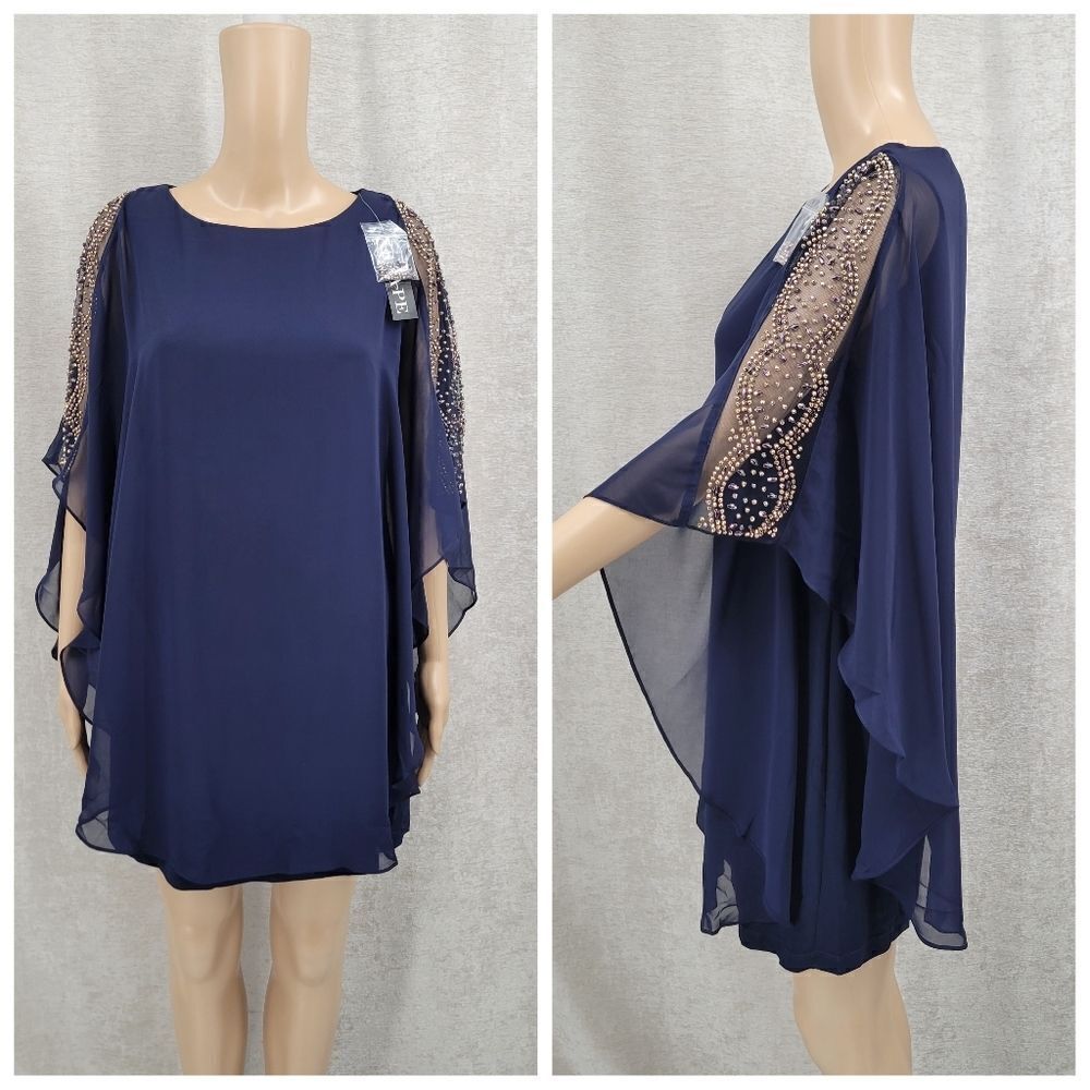 Xscape Navy Mini Dress with Sheer Cape Beaded Sleeves Women's Size 4P NWT